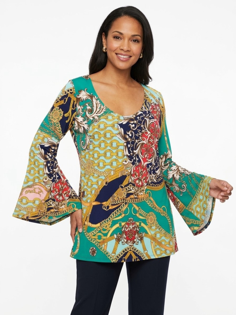 Boston Proper Multi-Print Long-Sleeve Scoop Neck Tunic Top Flare sleeves Medium